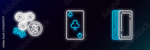 Set line Deck of playing cards, Casino chips, game dice and glass whiskey with ice cubes and Playing clubs symbol icon. Glowing neon. Vector