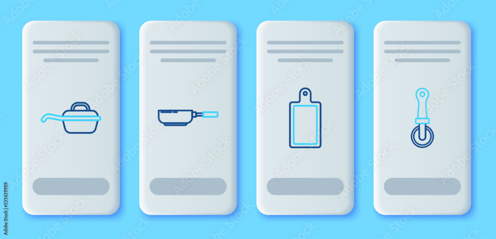 Set line Frying pan, Cutting board, and Pizza knife icon. Vector Set line Frying pan, Cutting board, and Pizza knife icon. Vector