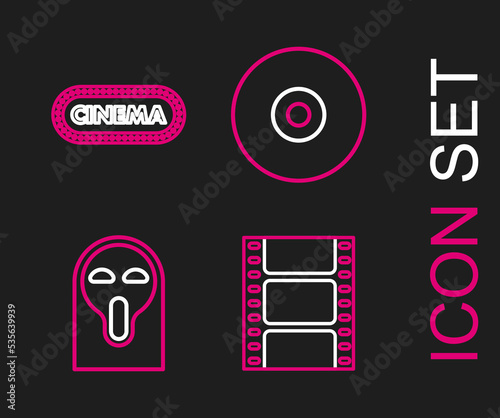 Set line Play Video, Funny and scary ghost mask, CD or DVD disk and Cinema poster design template icon. Vector