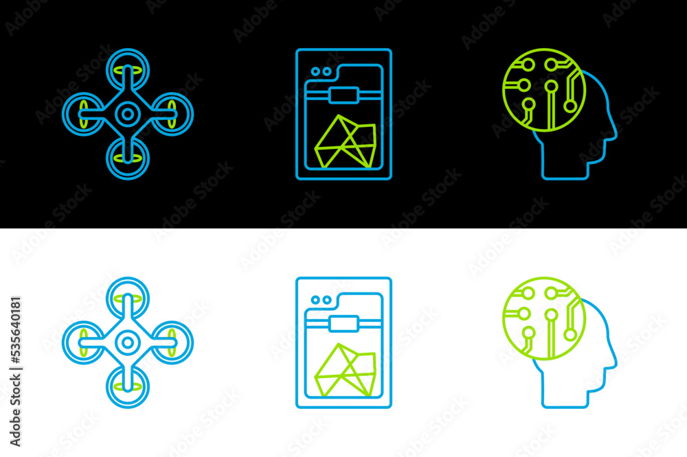 Set line Human brain as digital circuit board, Drone and 3D printer icon. Vector Set line Human brain as digital circuit board, Drone and 3D printer icon. Vector