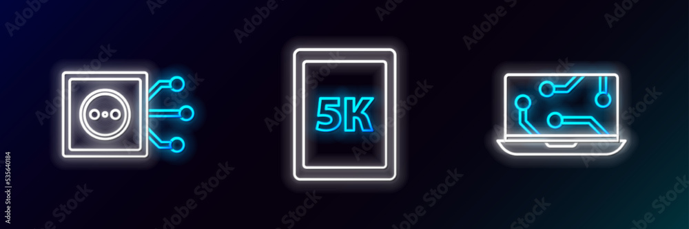 Set line Laptop, Remote control and Tablet with text 5k icon. Glowing neon. Vector Set line Laptop, Remote control and Tablet with text 5k icon. Glowing neon. Vector