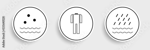 Set line Rain and waves, Cold and Wetsuit for scuba diving icon. Vector