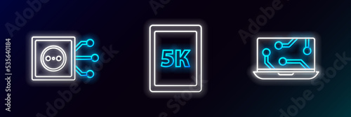 Set line Laptop, Remote control and Tablet with text 5k icon. Glowing neon. Vector