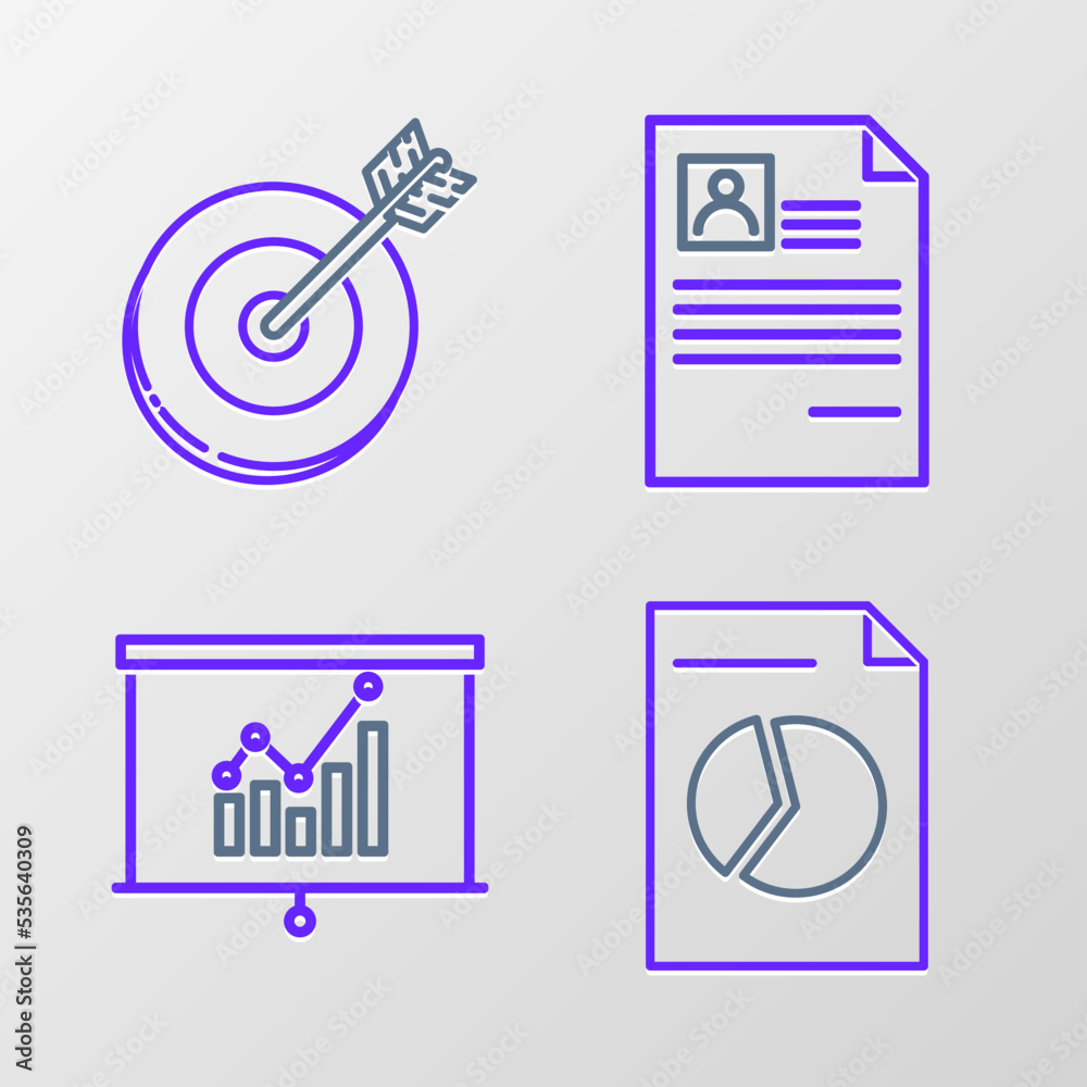 Set line Document with graph chart, Board, Resume and Target icon. Vector Set line Document with graph chart, Board, Resume and Target icon. Vector