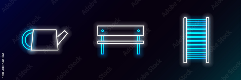 Set line Wooden staircase, Watering can and Bench icon. Glowing neon. Vector