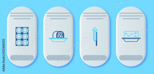 Set line Marzipan sponge cake, Firework rocket, Chocolate bar and Nougat with nuts icon. Vector