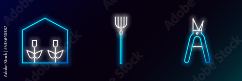 Set line Gardening handmade scissors, Home greenhouse plants and pitchfork icon. Glowing neon. Vector