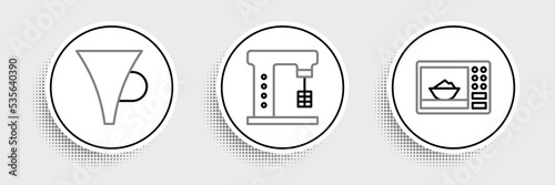 Set line Microwave oven, Funnel or filter and Electric mixer icon. Vector