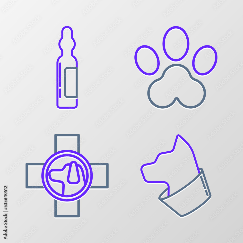 Set line Cat, Veterinary clinic symbol, Paw print and Pets vial medical icon. Vector Set line Cat, Veterinary clinic symbol, Paw print and Pets vial medical icon. Vector