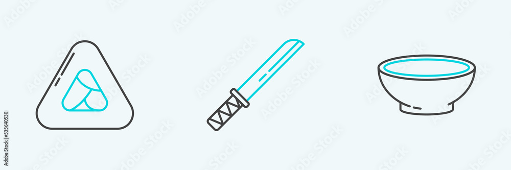 Set line Bowl of hot soup, Sushi and Traditional Japanese katana icon. Vector Set line Bowl of hot soup, Sushi and Traditional Japanese katana icon. Vector