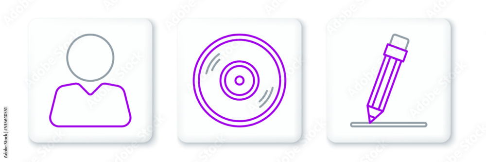 Set line Pencil with eraser, Add to friend and Vinyl disk icon. Vector Set line Pencil with eraser, Add to friend and Vinyl disk icon. Vector