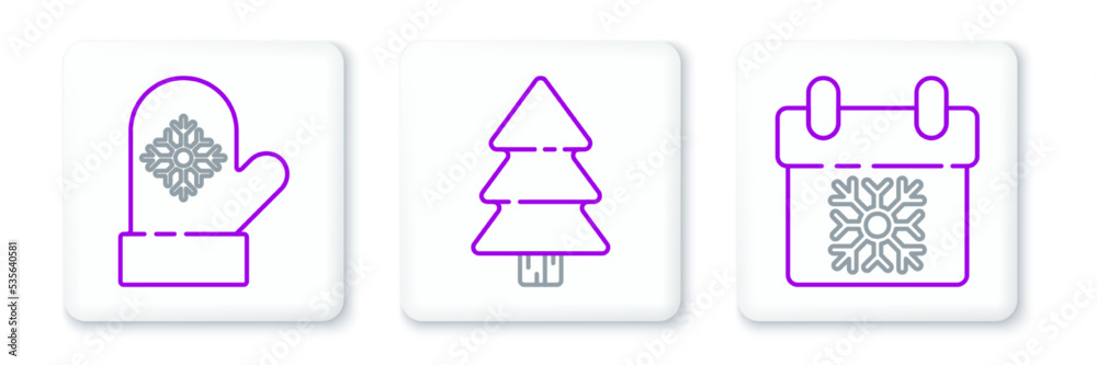 Set line Calendar, Christmas mitten and tree icon. Vector Set line Calendar, Christmas mitten and tree icon. Vector