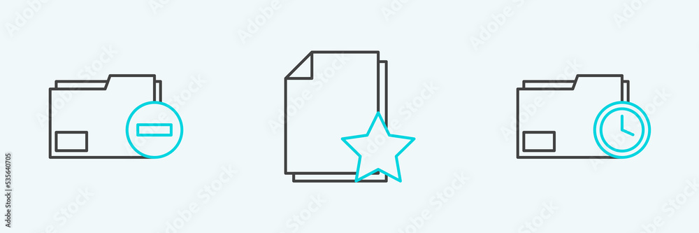 Set line Document folder with clock, minus and star icon. Vector Set line Document folder with clock, minus and star icon. Vector