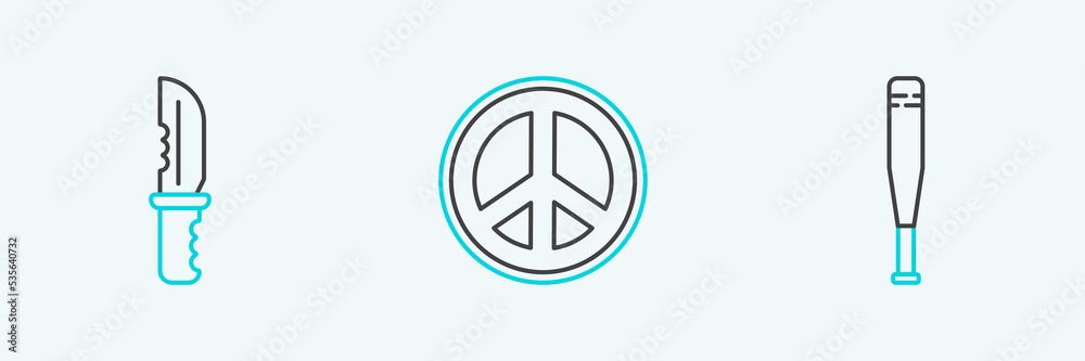 Set line Baseball bat, Military knife and Peace icon. Vector Set line Baseball bat, Military knife and Peace icon. Vector
