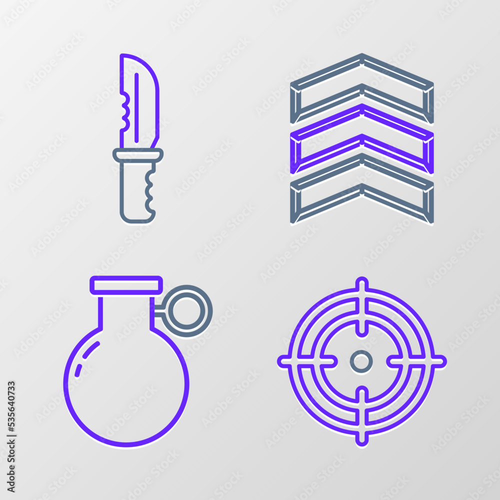 Set line Target sport, Hand grenade, Military rank and knife icon. Vector Set line Target sport, Hand grenade, Military rank and knife icon. Vector