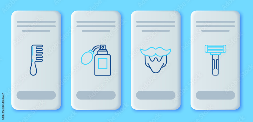 Set line Aftershave bottle with atomizer, Mustache and beard, Hairbrush and Shaving razor icon. Vector