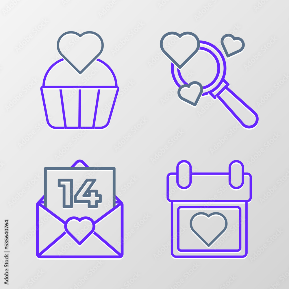 Set line Calendar with heart, Envelope Valentine, Search and love and Wedding cake icon. Vector Set line Calendar with heart, Envelope Valentine, Search and love and Wedding cake icon. Vector