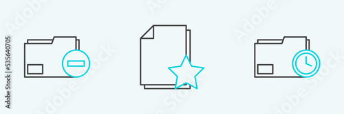 Set line Document folder with clock, minus and star icon. Vector