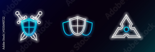 Set line Japanese ninja shuriken, Medieval shield with crossed swords and Shield icon. Glowing neon. Vector