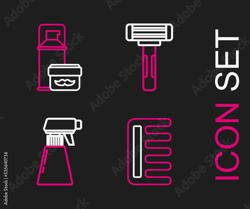 Set line Hairbrush, Hairdresser pistol spray bottle, Shaving razor and gel foam icon. Vector