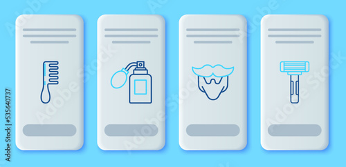 Set line Aftershave bottle with atomizer, Mustache and beard, Hairbrush and Shaving razor icon. Vector