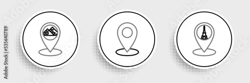 Set line Map pointer with Eiffel tower, Egypt pyramids and pin icon. Vector