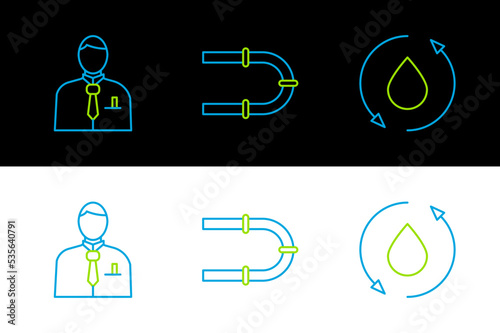 Set line Oil drop, Businessman or stock market trader and Industry pipe icon. Vector