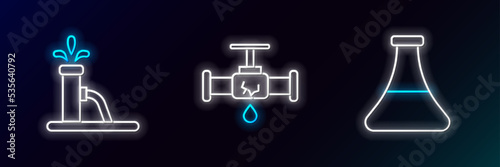 Set line Oil petrol test tube, pump or pump jack and Broken pipe with leaking water icon. Glowing neon. Vector