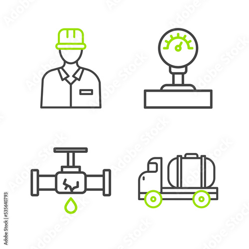 Set line Tanker truck, Broken pipe with leaking water, Gauge scale and Oilman icon. Vector