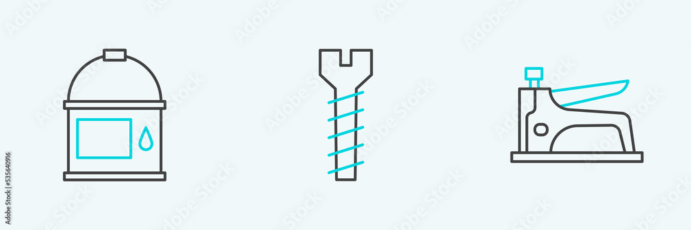 Set line Construction stapler, Paint bucket and Metallic screw icon. Vector