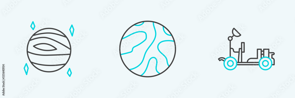 Set line Mars rover, Planet Venus and Falling stars icon. Vector Set line Mars rover, Planet Venus and Falling stars icon. Vector