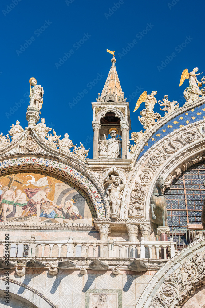 The Saint Mark's Basilica is the cathedral of Venice, in Italo-Byzantine architecture. It is symbol of Venetian wealth and power, since 11th century it known as Church of Gold. Italy, 2019