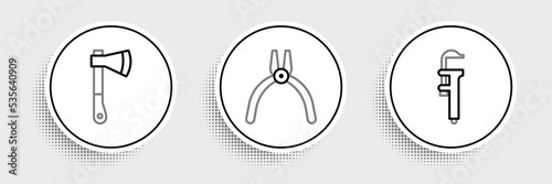 Set line Calliper or caliper and scale, Wooden axe and Pliers tool icon. Vector