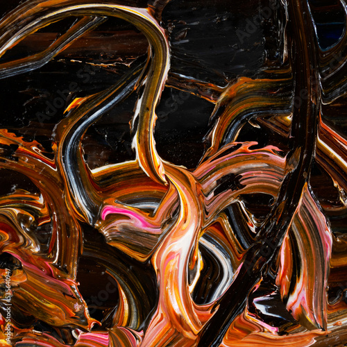 Embossed pasty oil paints and reliefs. Primary colors: brown, ocher, yellow, white, black. Abstract art.