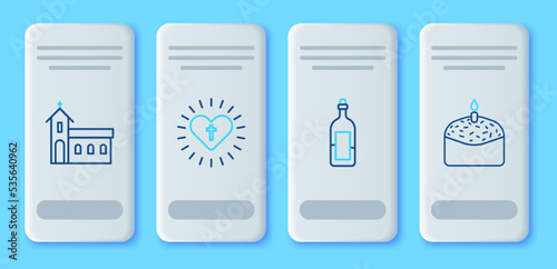 Set line Christian cross and heart, Bottle of wine, Church building and Easter cake candle icon. Vector