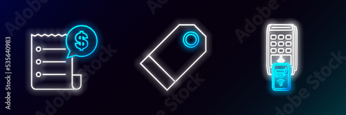 Set line POS terminal with printed reciept and confirms the payment by smartphone, Paper check financial check and Blank label template price tag icon. Glowing neon. Vector