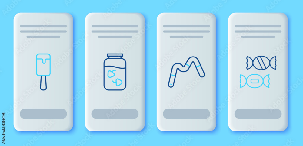 Set line Strawberry jam jar, Jelly worms candy, Ice cream and Candy icon. Vector Set line Strawberry jam jar, Jelly worms candy, Ice cream and Candy icon. Vector