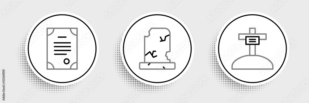 Set line Grave with cross, Death certificate and Old grave tombstone icon. Vector Set line Grave with cross, Death certificate and Old grave tombstone icon. Vector