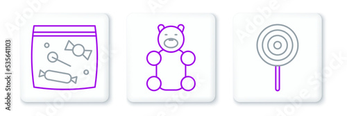Set line Lollipop, Candy packaging for sweets and Jelly bear candy icon. Vector