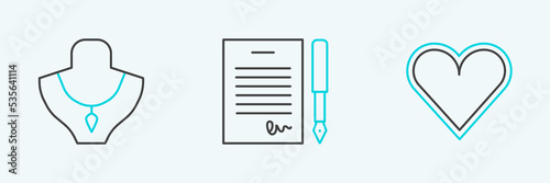 Set line Heart, Necklace on mannequin and Marriage contract icon. Vector