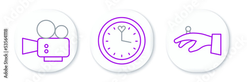 Set line Wedding rings on hand, Cinema camera and Clock icon. Vector