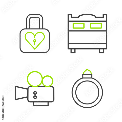 Set line Diamond engagement ring, Cinema camera, Bedroom and Lock and heart icon. Vector