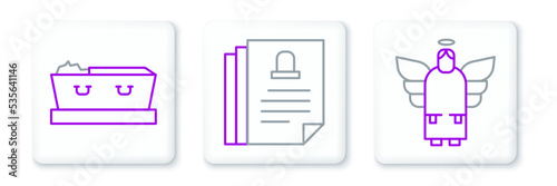 Set line Christmas angel, Coffin with dead and Death certificate icon. Vector