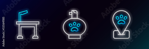 Set line Location pet grooming, Pet table and shampoo icon. Glowing neon. Vector