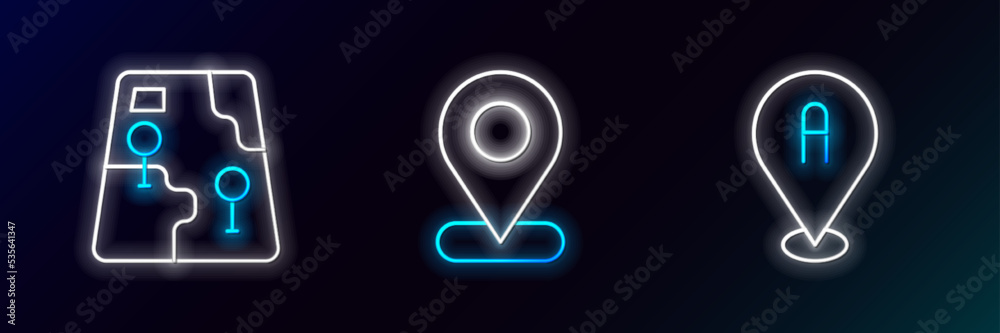 Set line Location, City map navigation and icon. Glowing neon. Vector