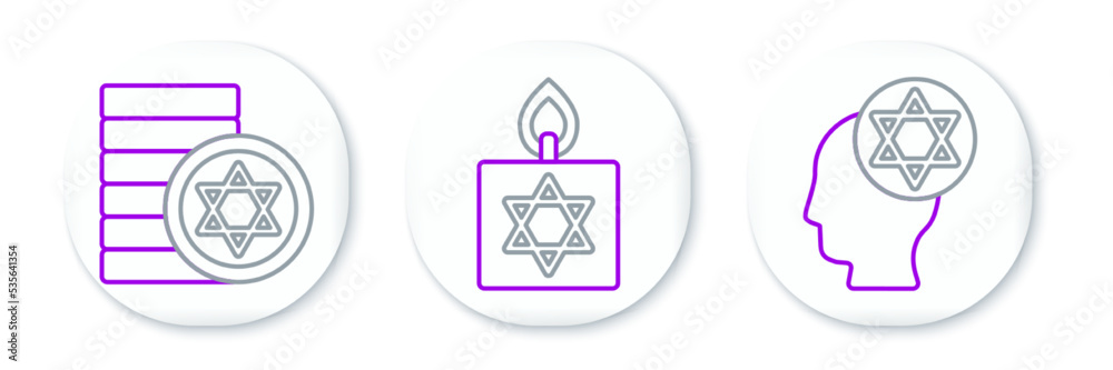Set line Orthodox jewish hat, Jewish coin and Burning candle icon. Vector Set line Orthodox jewish hat, Jewish coin and Burning candle icon. Vector