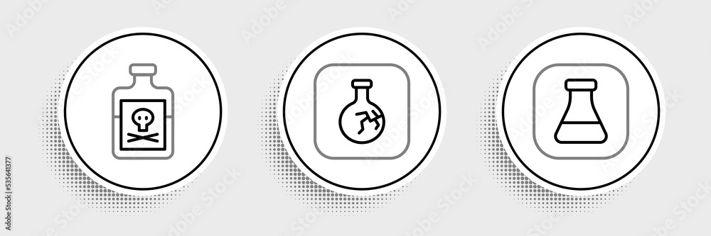Set line Test tube and flask, Poison in bottle and Cracked icon. Vector Set line Test tube and flask, Poison in bottle and Cracked icon. Vector