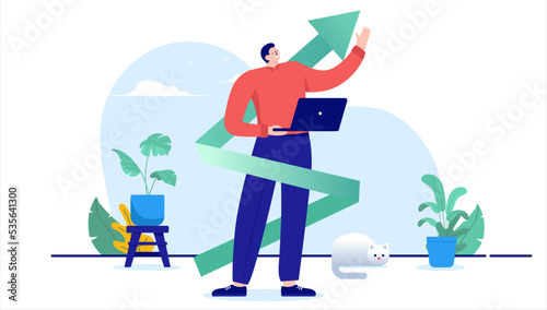 Career growth - Working man in office with computer and green arrow pointing upwards. Business success and progress concept. Flat design cartoon illustration with white background