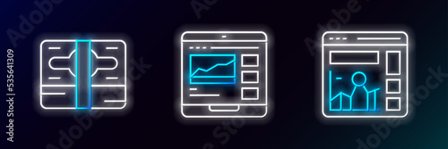 Set line Website with growth graph, Stacks paper money cash and Trading courses icon. Glowing neon. Vector