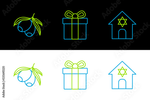 Set line Jewish synagogue, Olives branch and Gift box icon. Vector